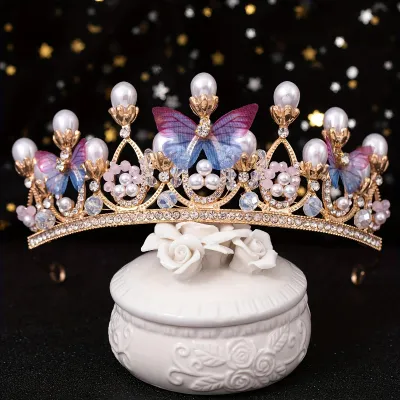 Pearl Rhinestone Butterfly Party Queen Crown